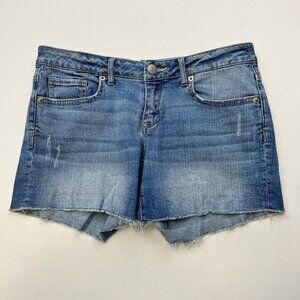 Aeropostale Womens Jean Shorts Blue Stretch Frayed Whiskered Cut Off Low Midi 4